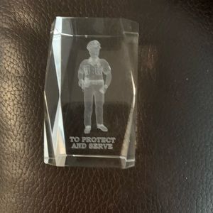 3D Hologram Paperweight Laser Etched in Glass of a Police Officer.